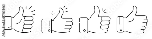 Four thumbs up icons in a row on white background line drawing