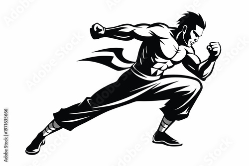 a kickboxer in a fighting stance silhouette line art vector illustration