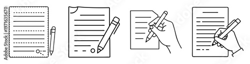 Illustration of writing or drawing related activities with paper and pen