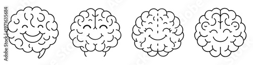 Four Friendly Brain Cartoon Illustrations Expressing Happiness and Mental Wellbeing