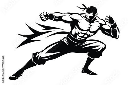a kickboxer in a fighting stance silhouette line art vector illustration