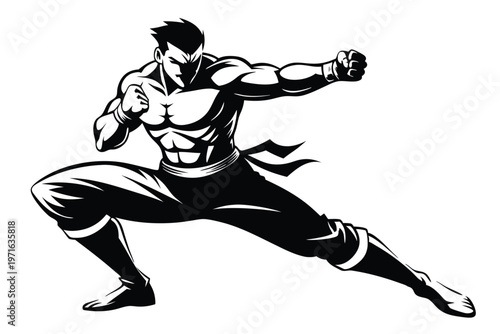 a kickboxer in a fighting stance silhouette line art vector illustration