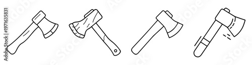 Doodle style outlines of various types of axes for cutting down trees