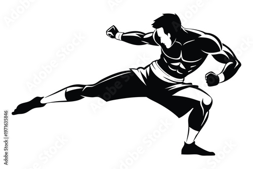 a kickboxer in a fighting stance silhouette line art vector illustration