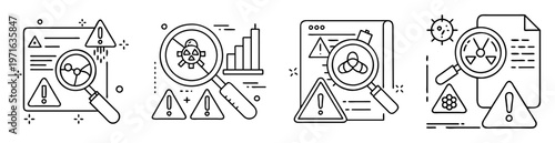 Four instances of hazard inspection with magnifying glasses over different risks
