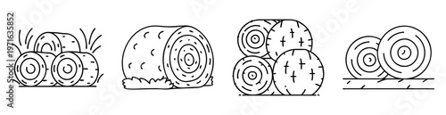 Line art depiction of round hay bales in various arrangements