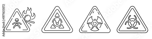 Four hazard warning symbols displaying radiation, biohazard, fire and explosive hazard
