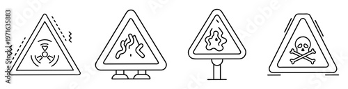 Four triangular hazard warning signs depicting radiation, biohazard, spill, and skull