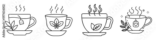 Outline drawing of four cups of herbal tea with rising steam