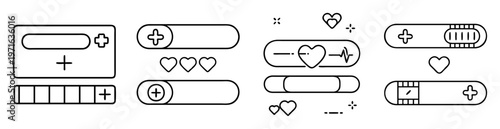 A collection of vector icons representing health, progress, and game elements