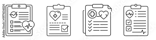 Line art illustration of clipboards, documents related to health care or checkup