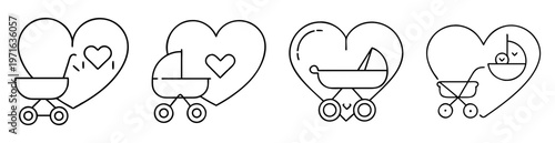 Stylized icons of baby strollers, prams or buggies inside hearts