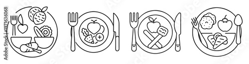 Iconic representations of diverse healthy meals served on plates with utensils