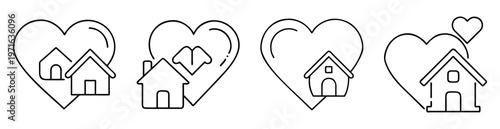 Four conceptual representations of home and heart, depicting love for house