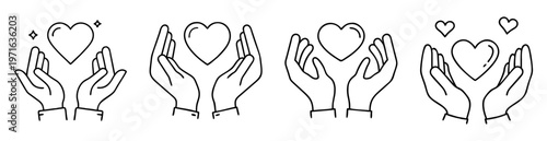 Hands holding hearts in a line art style representing love and care