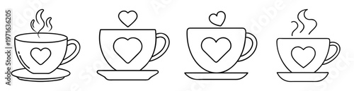 Four cute coffee or tea cups with hearts and steam line art