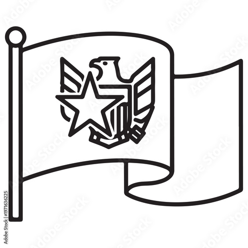 Minimalist black and white line art icon of a waving military flag featuring a bold eagle emblem and a central star, representing patriotism and national defense on a white background.