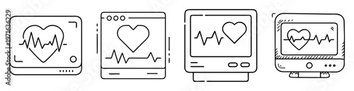 Stylized illustration of four cardiac monitor devices displaying heartbeat signals