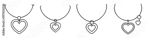Four necklaces featuring heart shaped pendants on a white background line art