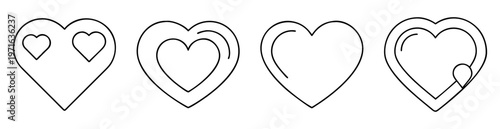 Four hearts with diverse layering and shape variations in outline format