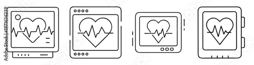 Line art illustration of multiple medical heart rate monitors in black and white