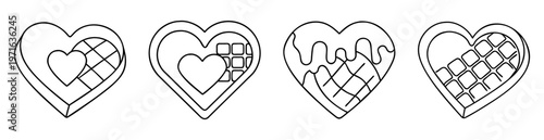 Four stylized heart shaped chocolates with different fillings in black and white