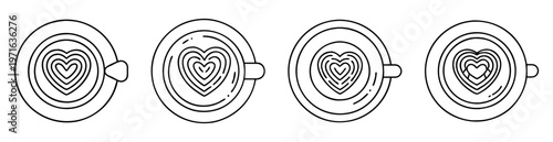 Set of four cappuccino cups with heart shaped latte art design