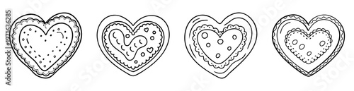 Four unique heart shaped cookies, illustrated with intricate line work and circles
