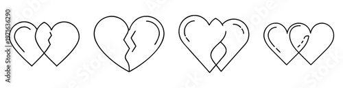 Stylized hearts representing different stages of relationships in minimalist line art