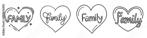 Four different hearts with the word family in black outline illustration