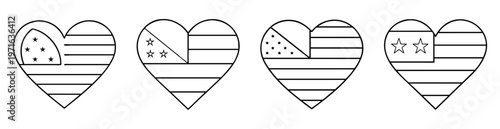 American Flag Heart Black and White Outline Patriotic Illustration for Coloring