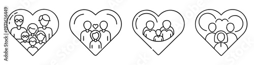 Four hearts each containing unique family structures depicted in line art