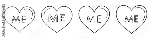 Simple drawing of four hearts with the word 'me' written inside