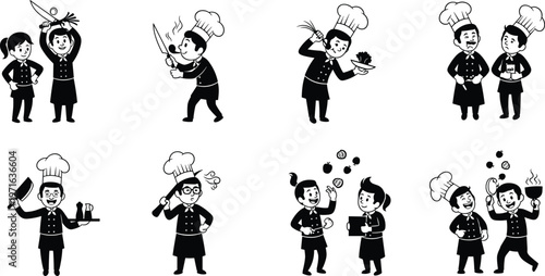 Chef icons, cooking illustration, kitchen activity, culinary art, food preparation, restaurant staff, chopping, garnishing, serving dish, wine, cleaver, celebration, teamwork, humor