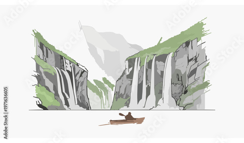 Seven Sisters Waterfall Norway line art fjord landscape with kayak traveler detailed vector illustration