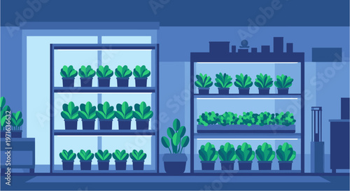 Modern indoor vertical farm with multiple shelves of thriving green plants and crops under artificial light, illustrating sustainable agriculture.