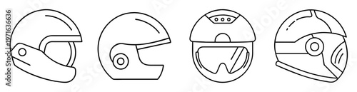 Stylized monochrome line art illustration showcasing a collection of motorcycle helmets