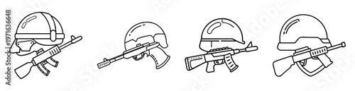 Four military helmet and assault rifle arrangements line art illustration vector