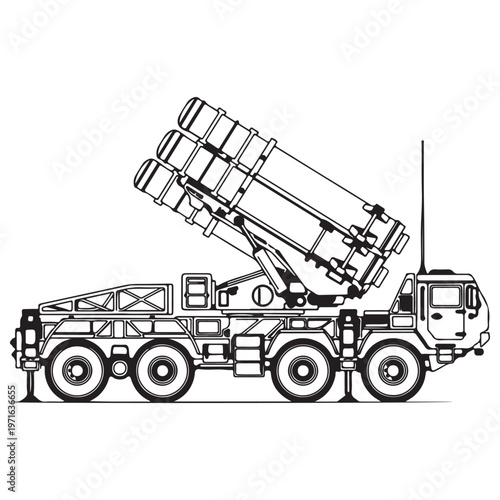 Mobile Surface-to-Air Missile Launcher Truck Illustration with Elevated Launch Tubes in a Detailed Black and White Line Art Style Isolated on White for Military Defense Concepts