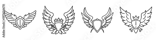 Collection of stylized winged heraldic shields with crowns and laurel wreath