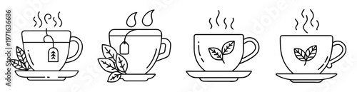 Four cups of tea with teabags, steam and leaves, simple vector illustration