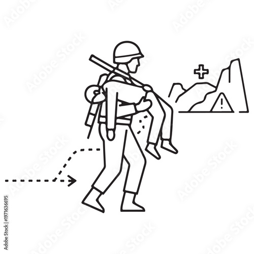 Soldier Carrying Wounded Person in Fireman's Carry During Rescue Mission in Mountainous War Zone, Minimalist Black Line Art Illustration Representing Bravery, Sacrifice, and Medical Evacuation.