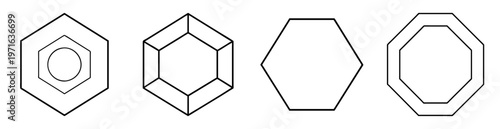 Illustration of geometric shapes including hexagons, cubes and octagons, minimalistic design