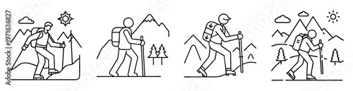Collection of minimalist hiking scenes featuring mountaineers with backpacks and trekking poles