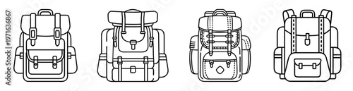 Four different line art backpacks for hiking and camping adventures