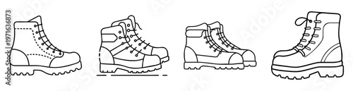 Line art of four different styles of boots suitable for outdoor activities