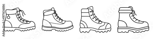 Four line art vector drawings of hiking boots with laces and sturdy soles