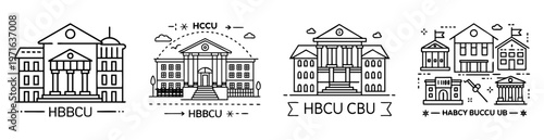 Variations of stylized HBCU college building architecture vector art illustration