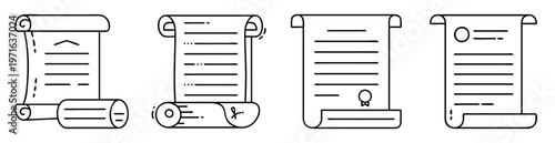 Linear illustration of four scroll documents displaying different writing styles and seal