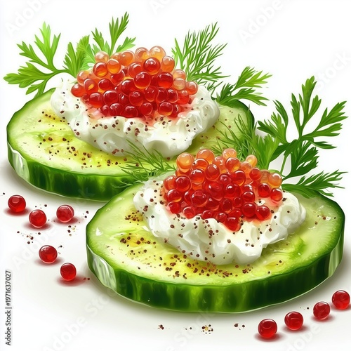 Cucumber slices with cream cheese and caviar